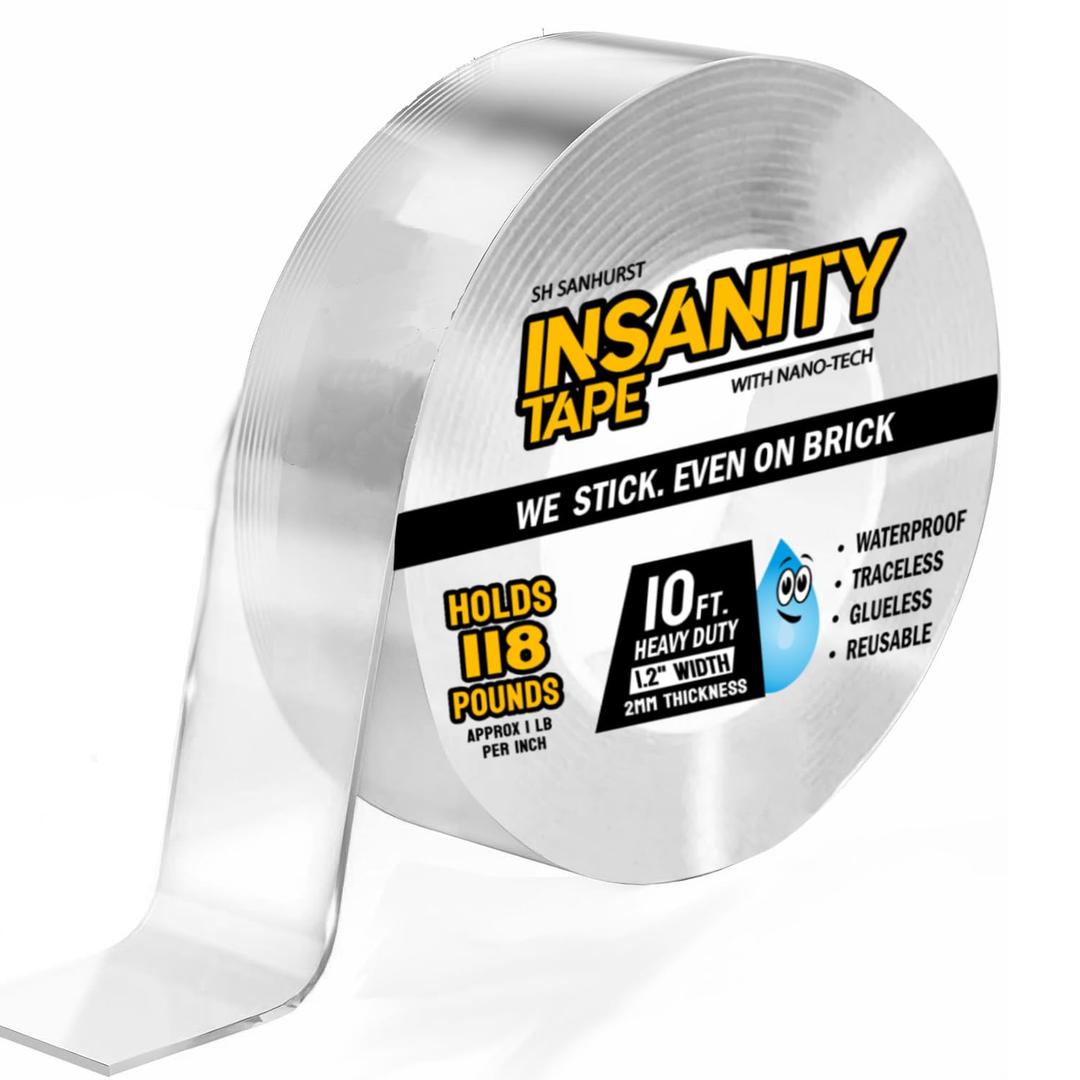 Insanity Heavy Duty Double Sided Mounting Tape Reusable Traceless Nano Gel Adhesive - Hang Pictures, Posters, Doorbell Cameras - Weatherproof - Hold Carpets, Mats & Rugs - Safe for Hardwood Floors (Thick & Wide: 1.2 in. x 120 in. x 0.08 in.)