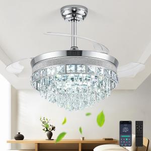 42 Fandelier Ceiling Fan with Light, Chandelier Ceiling Fans with Lights, Crystal Ceiling Fans for Bedroom Living Room, LED Dimmable, 6 Wind Speed,3 Color Temperatures-Chrome