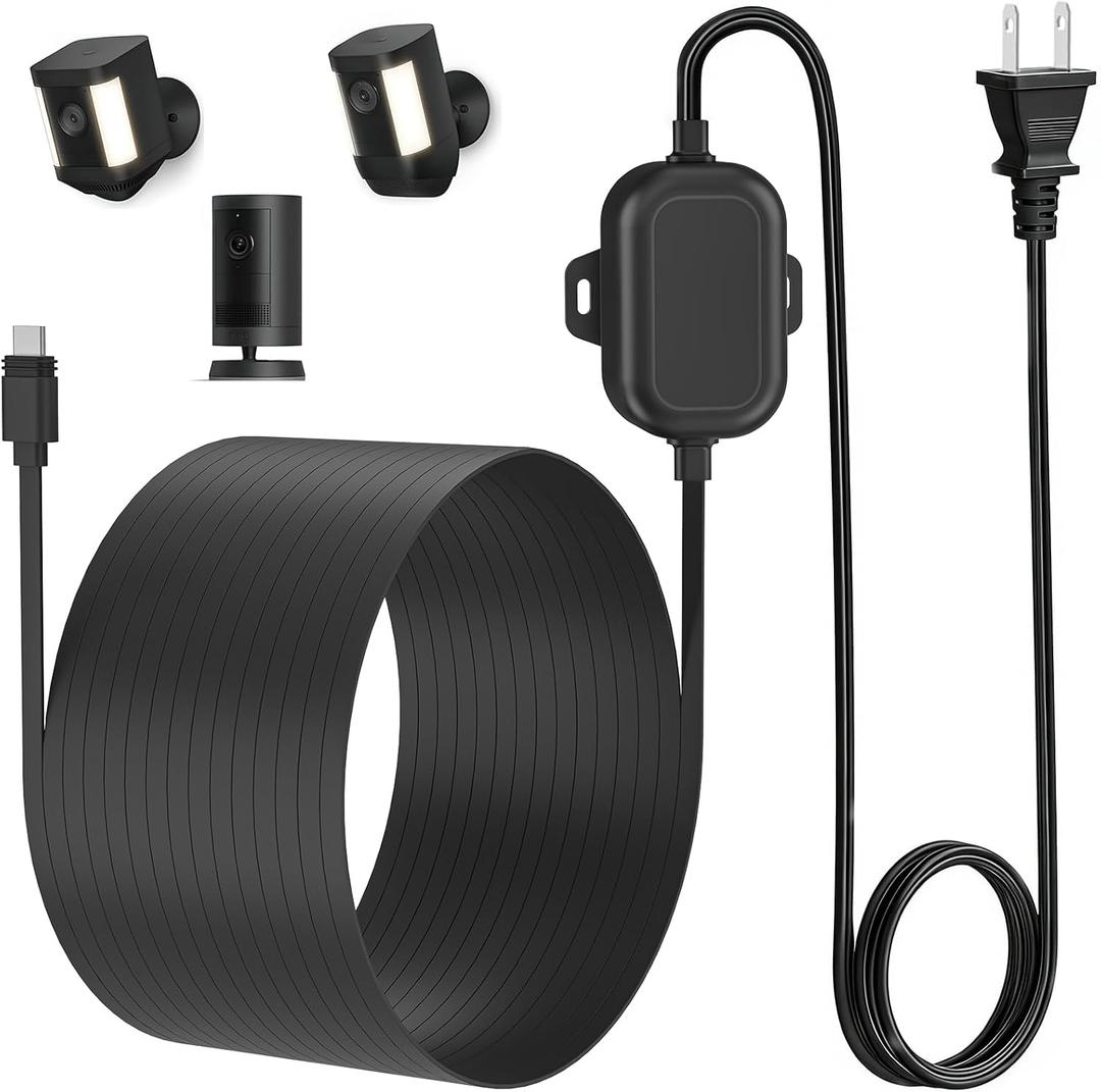 Power Adapter for Ring Outdoor Cam Plus/Ring Spotlight Cam Plus/Pro (Battery), 25Ft/7.5m USB-C Flat Weatherproof Outdoor Charging Cable Continuously Power Your Camera, Black