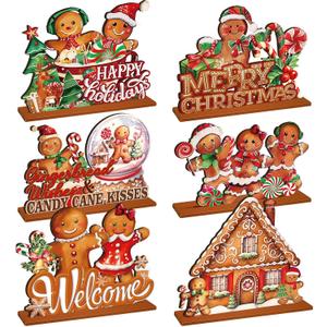 2 x 6 Pcs Christmas Gingerbread Table Decorations - Gingerbread Candy Wooden Centerpiece Xmas Decorations for Home Farmhouse Office Tabletop Decor (Colorful)