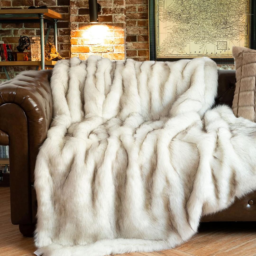BATTILO HOME Luxury White Faux Fur Throw Blanket Long Pile with Black Tips, 51"x67", Super Warm Thick Faux Fur Blanket for Couch, Bed, Fuzzy Fluffy Elegant Cozy Blanket (White & Black)