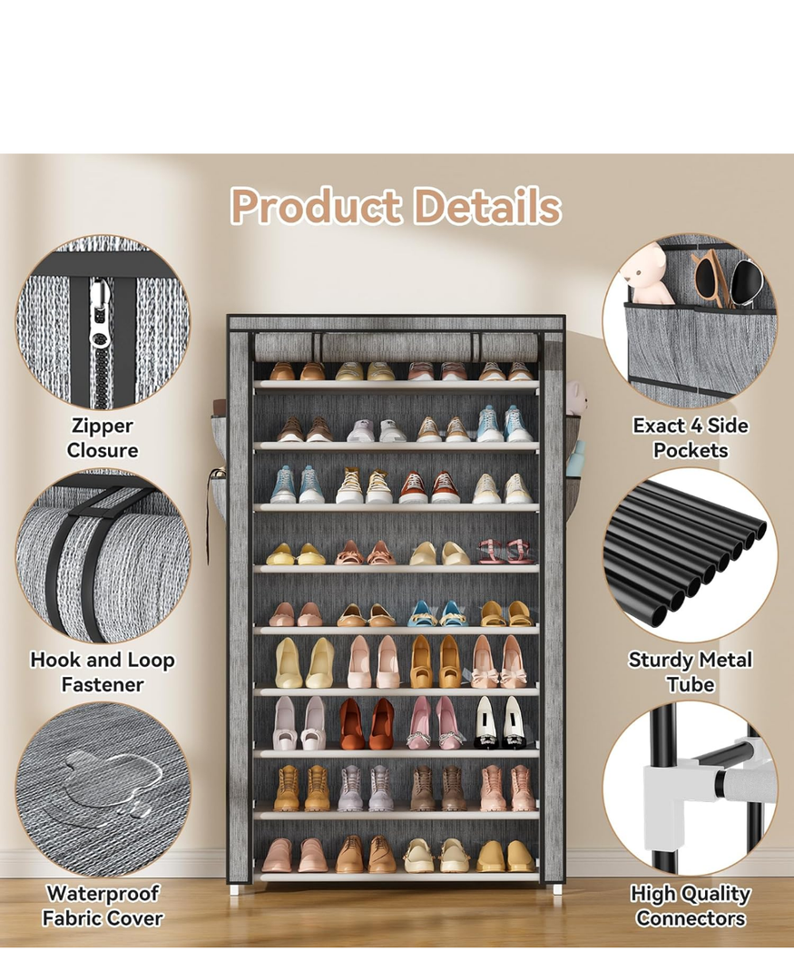 Shoe Rack with Covers 10 Tier Tall Shoe Rack Organizer Large Capacity Shoe Shelf Storage 40 Pairs Space Saving Free Standing Shoe Storage Organizer for Closet, Entryway, Dorm, Printing