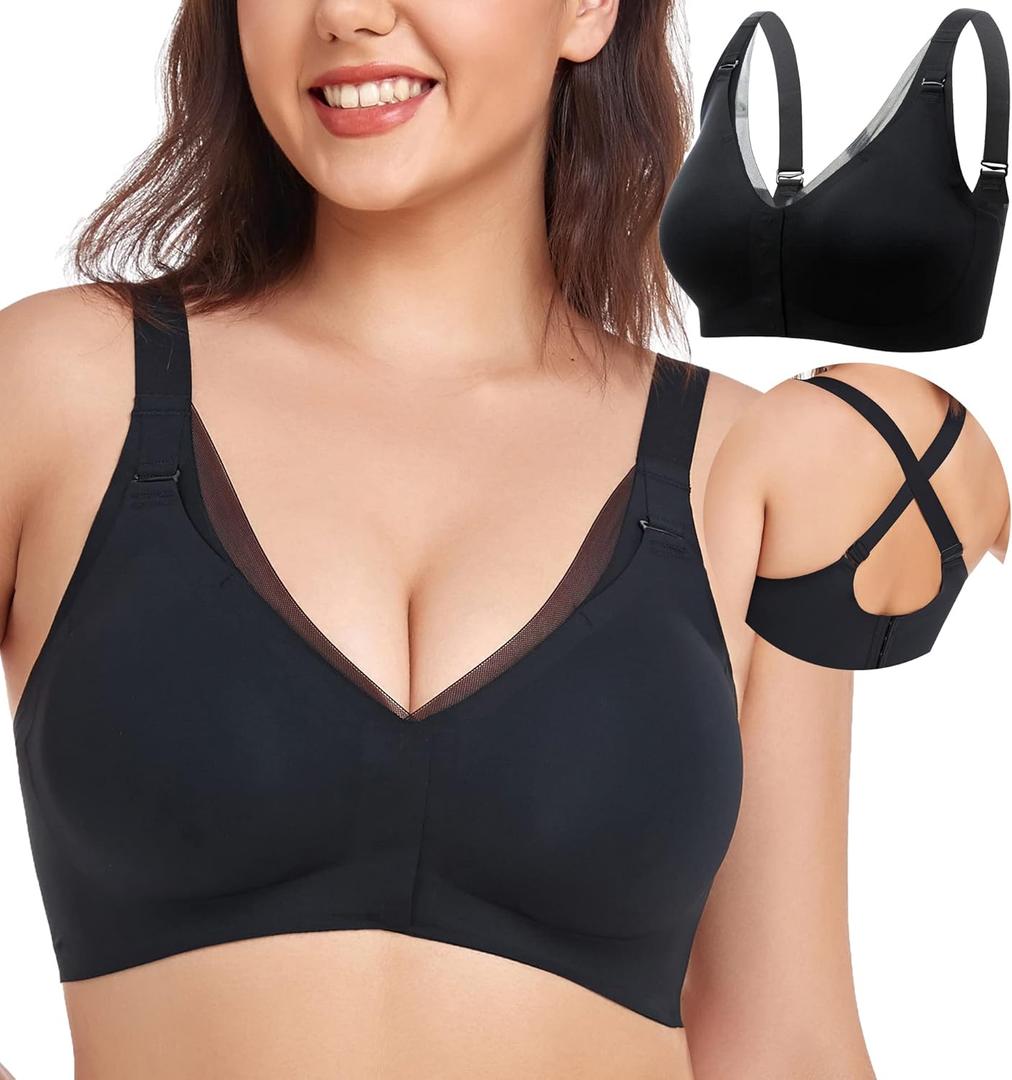 PRETTYWELL Front Closure Bras for Women no Underwire Padded Wireless Comfort Full Coverage Bra with Support Mastectomy Bra (Large)