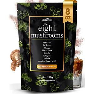 KIKI Green 8 Mushrooms Powder Extract - Supplement Blend 8 oz - Lion's Mane, Reishi, Chaga, Cordyceps, Maitake, Shiitake - for Focus and Energy - Add to Coffee and Smoothies, (BB Dec. 2025)