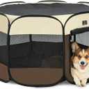 Dog Playpen for Small Dogs & Puppies, 40.55" Portable Indoor Outdoor Puppy Playpen with Bowl, Waterproof Floor, Foldable Pop-Up Pet Pen for Home, Travel & Daily Use, Brown+Beige