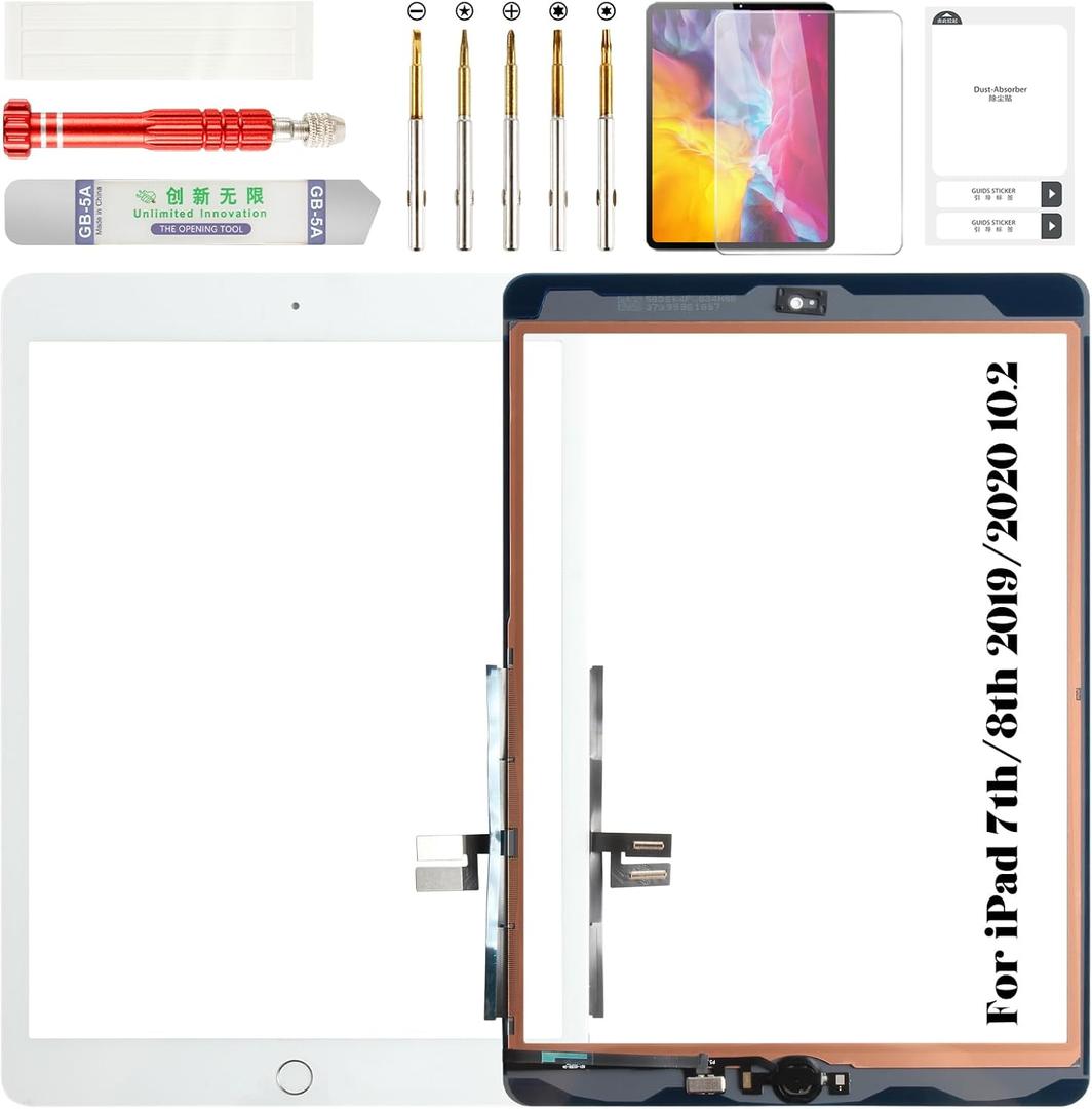 for iPad 7 7th/ 8 8th Gen Screen Replacement Digitizer Touch for 2019 iPad 7th Gen 10.2 inch Screen Replacement for iPad 10.2 2019 Screen Replacement A2197 A2200 with Home Button White(Without LCD)