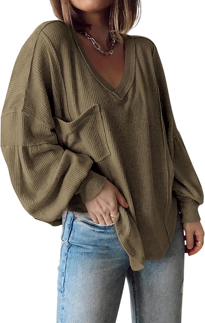 BTFBM Womens Fall Fashion 2025 Long Sleeve Shirts Casual V Neck Ribbed Knit Blouses Pullover Trendy Loose Fit Tunic Tops (Green, XL)