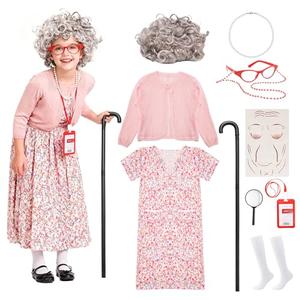 Skirfy Kids 100 Days of School Costume for Girls,Old Lady Granny Costume with Wig,Magnifier,Cane and Glasses for 100th Day of School events and Halloween Dress-Up