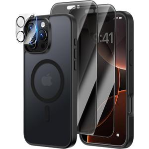 [4 in 1] Magnetic for iPhone 16 Pro Max Case, 2 Pics Privacy Screen Protectors and 1 Pic Camera Protector, Fit for MagSafe, Military Grade Shockproof Translucent Matte 16 Pro Max Cover 6.9", Black