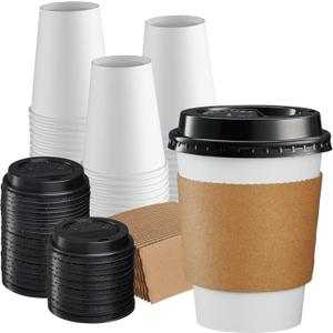 GUSTO [12 oz. - 100 Sets Disposable Coffee Cups with Lids and sleeves - To Go Paper Hot Cups for Travel and Office Use - Formerly Comfy Package