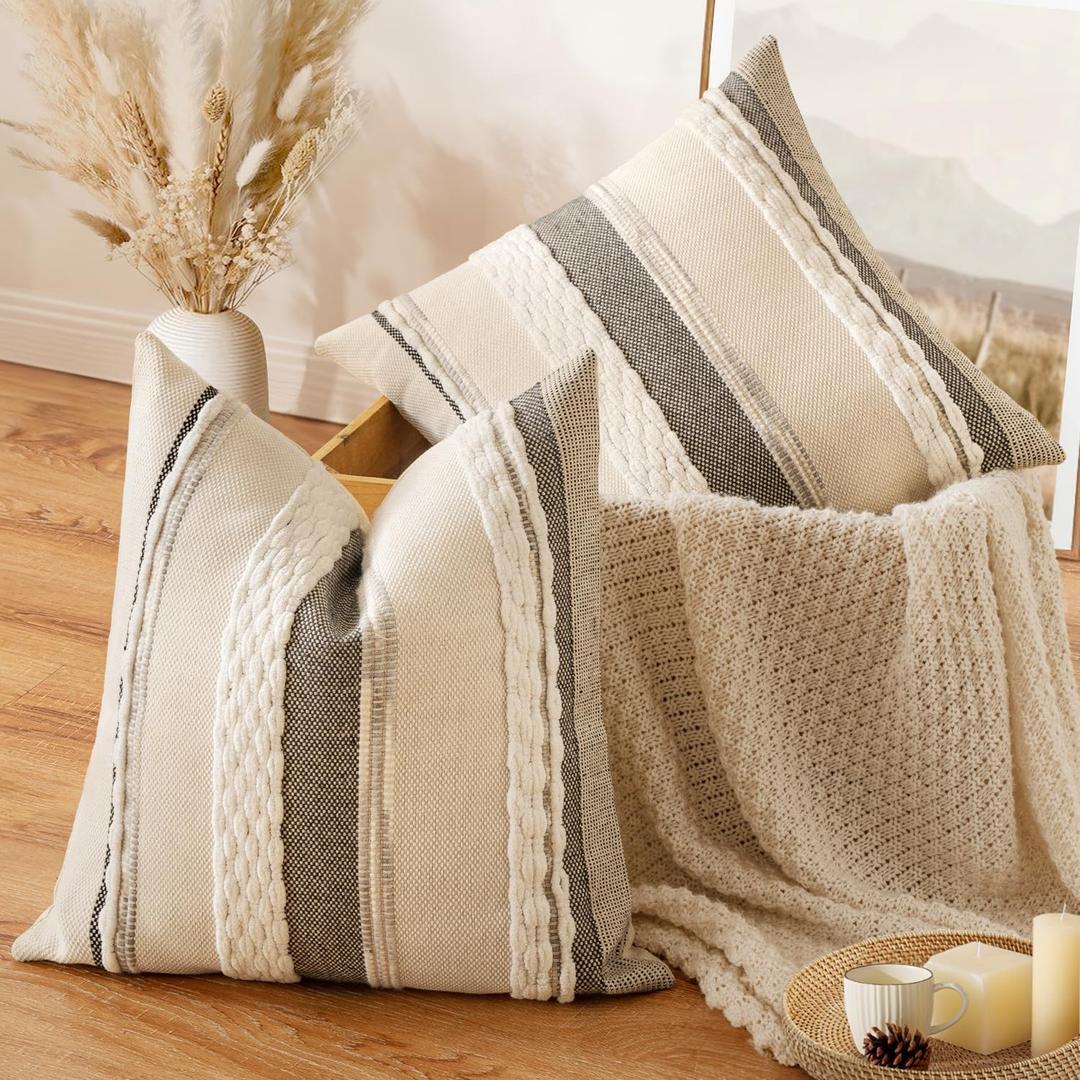 EMEMA Set of 2 Boho Decorative Throw Pillow Covers Tufted Chenille Farmhouse Cushion Covers Textured Striped Accent Neutral Pillowcases for Sofa Couch Bed Home Decor 18x18 Inch Brown White