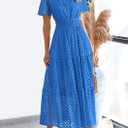 PRETTYGARDEN Womens 2026 Summer Maxi Dress Short Sleeve V Neck Hollow Out Eyelet A Line Long Flowy Beach Vacation Dresses (Blue, L)