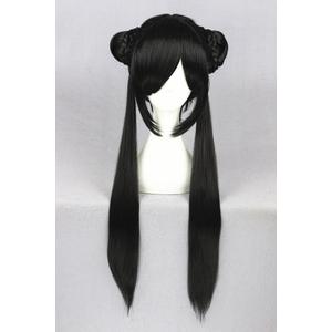 31" Synthetic Black Hair Short Straight Hair Wig with Bangs Two Hair Buns Lolita Style Cosplay Wig Heat Resistance Fiber Wig for Daily Use, Cosply, Parties and Halloween