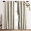 FLORECORD 100% Blackout Linen Curtains 52 Inch Wide x 63 Inch Long 2 Panels Set Thermal Insulated Textured Black Out Darkening Drapes for Bedroom Living Room Hook Belt/Back Tab/Rod Pocket, Beige