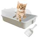 Open Small Cat Litter Box, Kitten Litter Box with Scoop Low Entry High Sides Cat Toilet Pan, Semi-Enclosed Anti-Splashing Kitty Tray for Small Space Easy to Clean(Grey)