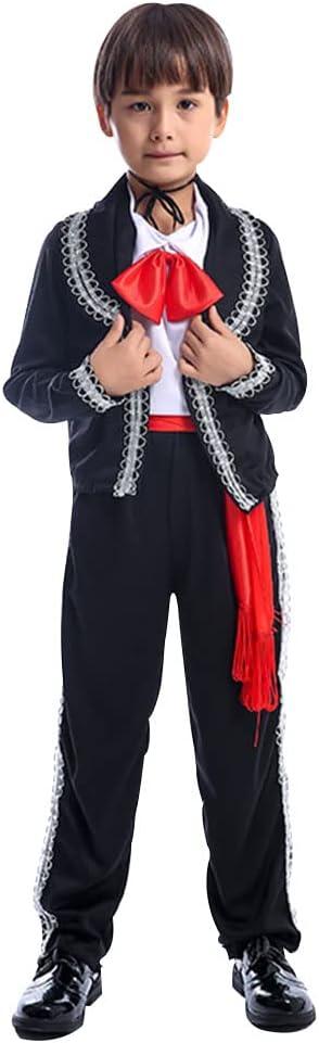 STIOEDYUAN Kids Mexican Costume Folklorico Cinco De Mayo Amigo Day Of The Dead Mariachi Halloween Cosplay Outfit Fiesta (Medium, Black)