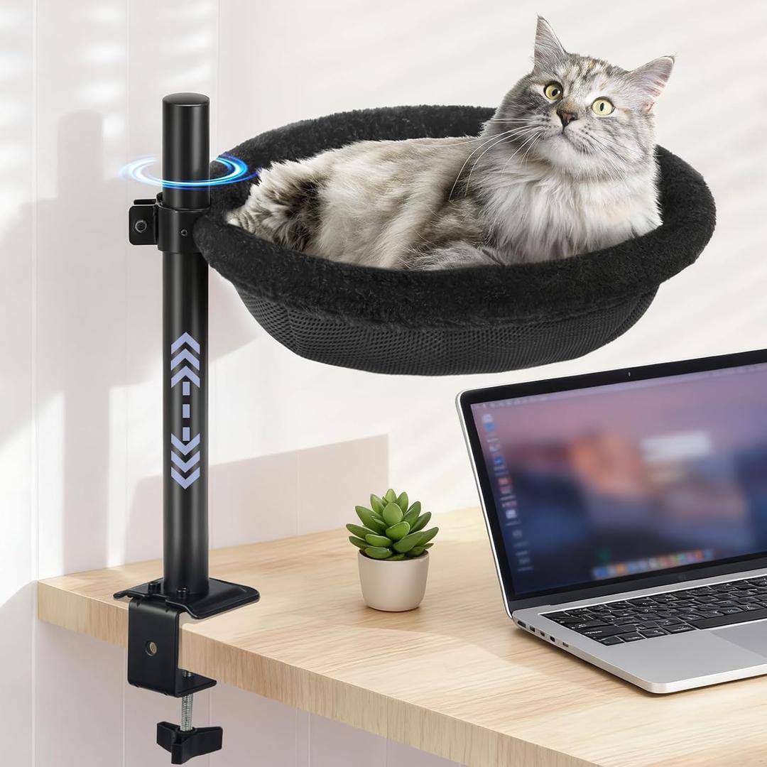Cat Desk Bed, Heavy Duty Steel Clamp-On Various Desktops, Machine Washable Reversible Cat Beds for Large & Kitten, 360 Rotating Height Adjustable, Indoor Cats Nest Furniture Supports 45lbs, Black