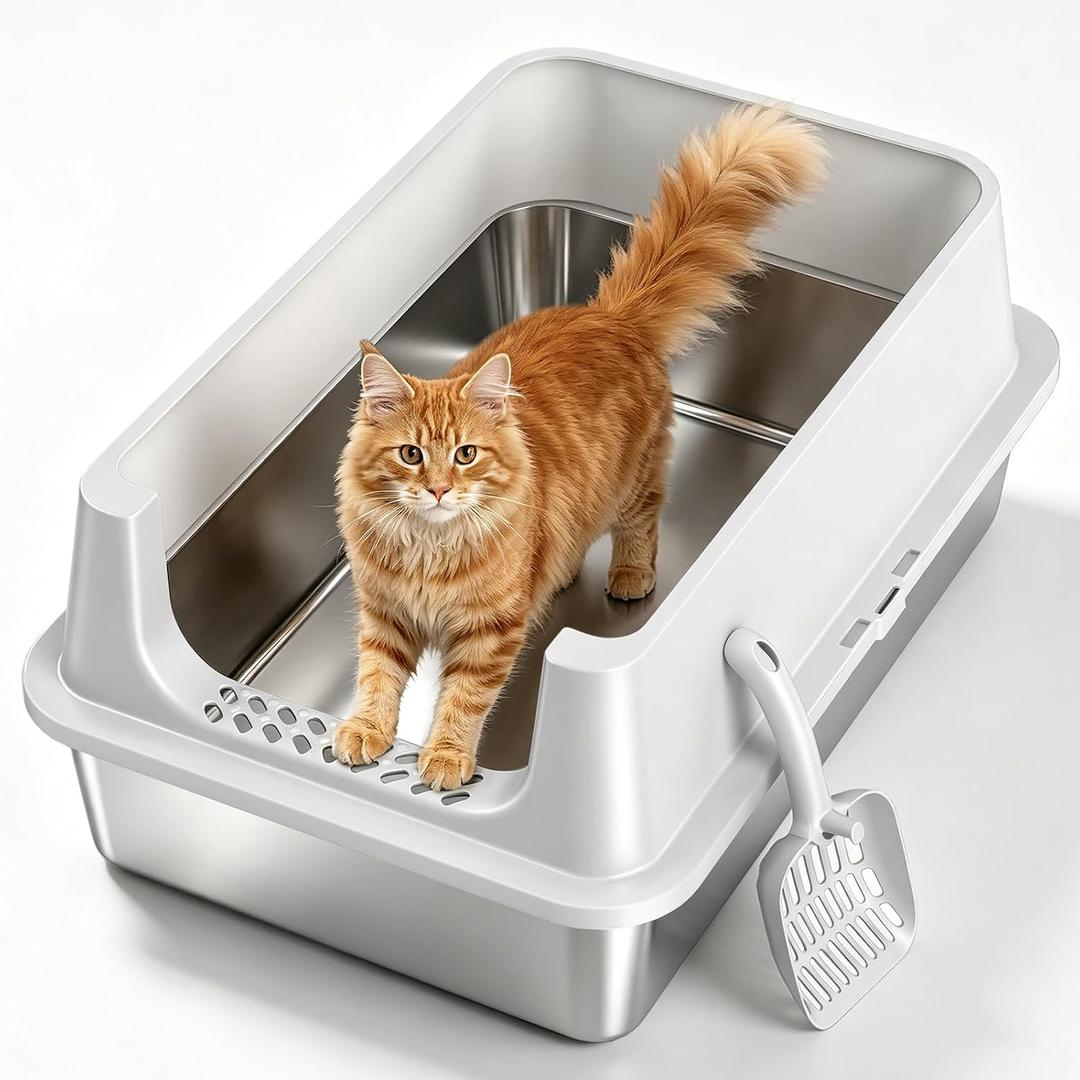 XL Open Top Stainless Steel Litter Box with High Sides, Gray