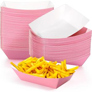 Yinkin 100 Pcs Paper Food Trays Boat Halloween 1lb Disposable Nacho Trays Kraft Paper Boat for Tacos Concession French Fries Snack Hot Dog BBQ Popcorn Wedding Christmas Party Supplies (Pink)