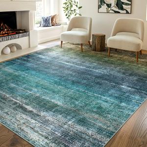 Kokia Abstract Area Rugs 6x9 Boho Washable Distressed Retro Indoor Floor Rug Multicolor Low Pile Non-Slip Non-Shedding Blue Carpet Bedroom Living Room Dining Room, Oslo Teal