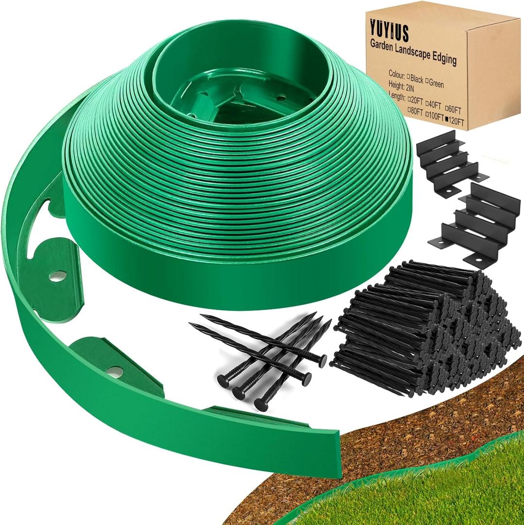 Landscape Edging - Garden Edging Border 120FT 2IN Tall with 180 Stakes, No Dig Lawn Edging for Landscaping for Garden Bed, Yard, 0.15" Thick Flower Bed Border Edging with Connector for Outdoor (GREEN)