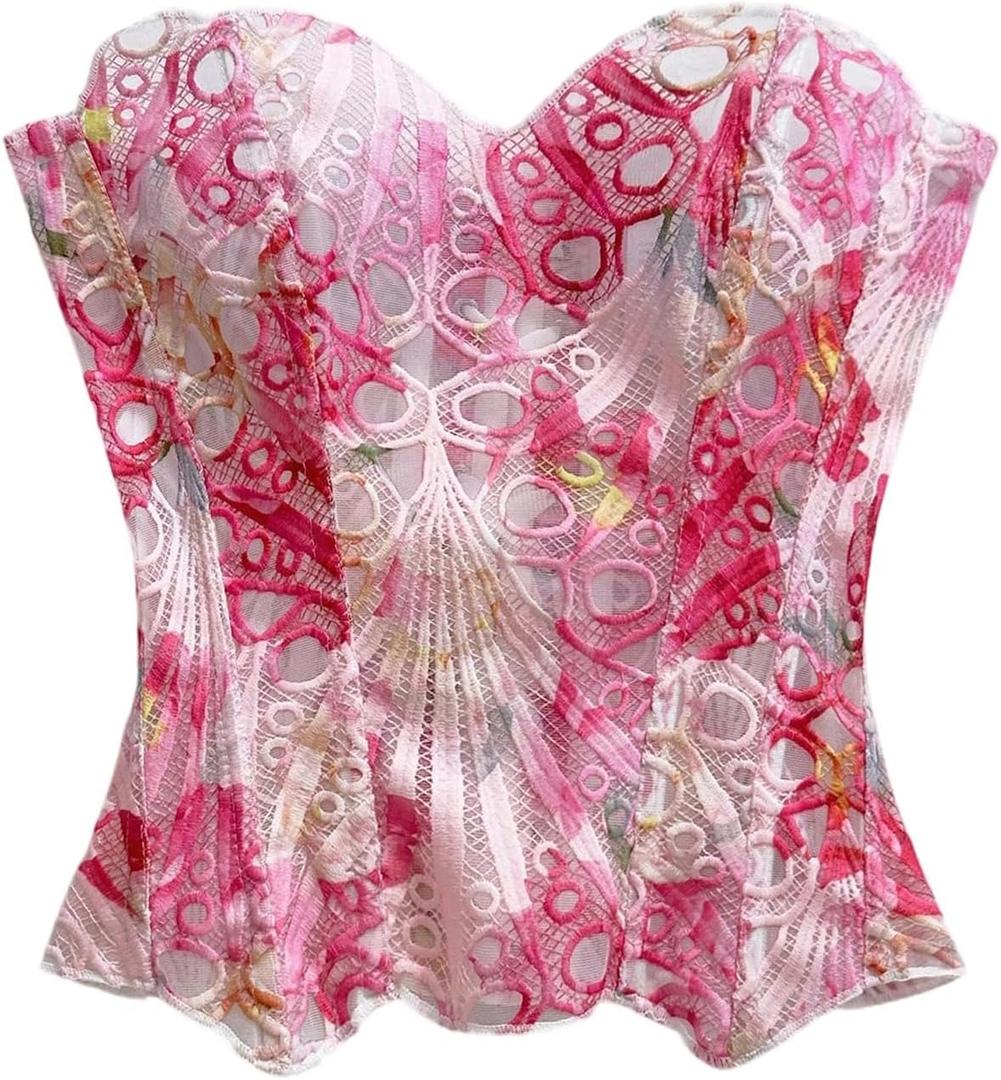 WDIRARA Women's Lace Corset Tops Mesh Strapless Bustier Tube Top Going Out Clubwear (Medium, Pink)