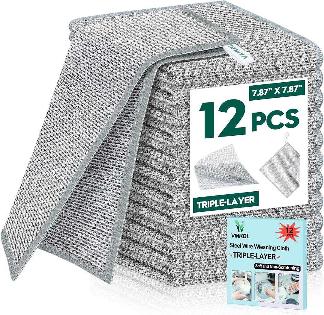 2 x 12 Pcs New Upgraded 3 Layers Non Scratch Wire Dishcloth, Multipurpose Wire Dishwashing Rags, Wet & Dry for Cookware, Sinks, Dishes, Stoves & Fireplaces (7.87 x 7.87-12pcs)