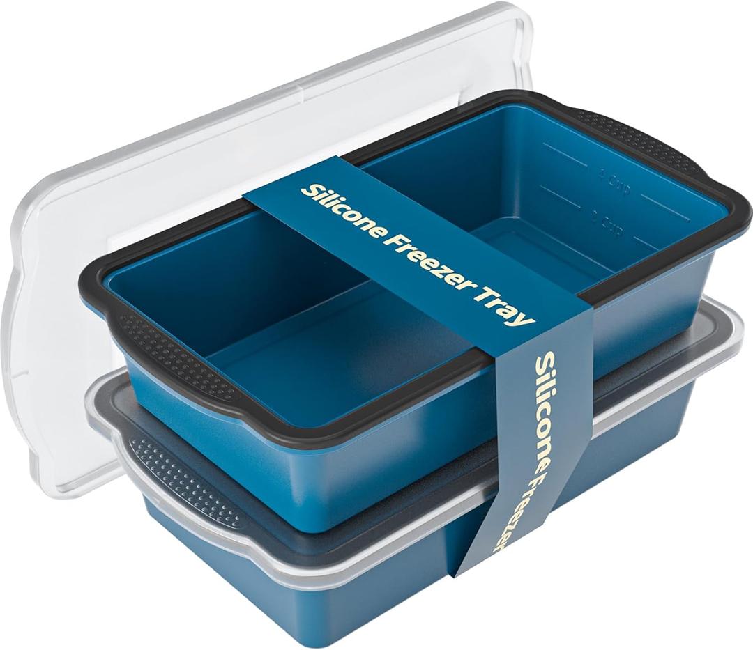 Silicone Freezer Tray With Lid, 2 Large 4 Cup Large Soup Freezer Molds Container for Meal Prepping, Ice Cube Tray, Perfect for Storing Leftovers, Sauces, Lasagna, 2-Pack