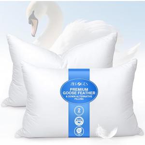zibroges Feather Pillows Queen Size Set of 2  Goose Down Hotel Bed Pillow for Sleeping, Soft 600 Thread Count Cotton Cover, Fluffy Support Surround Fill Polyester for Side, Back, Stomach Sleepers