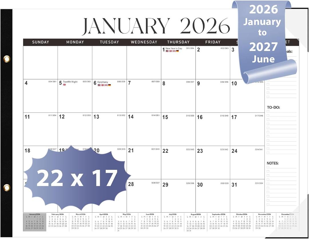 2026 Desk Calendar, Large Desk Calendar 22" x 17" (Jan 2026 - Jun 2027) Monthly Desktop Wall Planner for Family Teacher School Office Supplies, Black-White