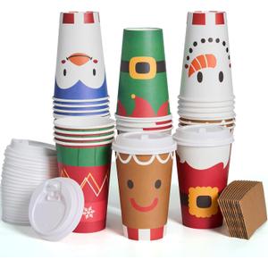 JOYIN 72 Pcs Christmas Disposable Cups with Sleeves and Lids, 4 Designs Xmas Drinkware 16 oz Paper Cup For Hot Chocolate Coffee Cold Beverage Tableware Holiday Winter Party Supplies Decoration