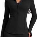 AVGO Womens Workout Jackets Lightweight Athletic Zip Up Jacket Slim Fit Running Gym Top with Pockets & Thumb Holes (X-Small, Black)