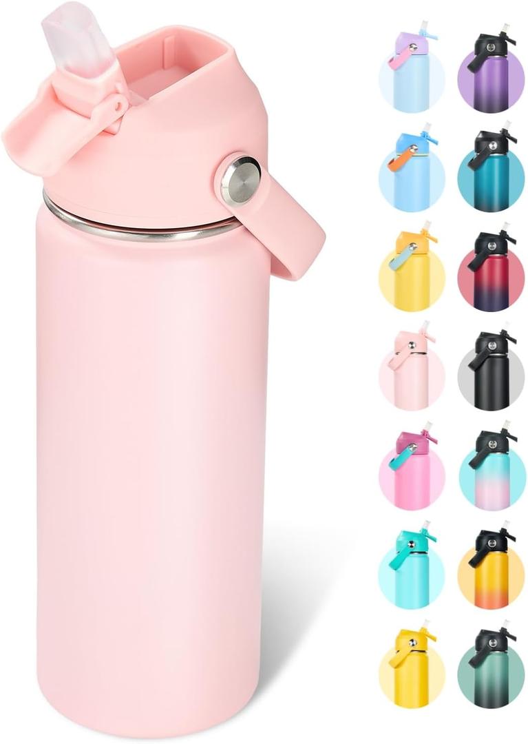 18oz Insulated Stainless Steel Water Bottle, Wide Mouth Double Wall Vacuum, Silicone Straw, Sweat & Leak Proof, BPA Free Insulated Water Flask for Travel, Keep Cold 24h Hot 12h, Coral Pink