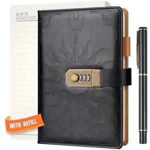 Nicpro A5 Journal with Lock, 300Gsm, 300+300 Page Diary with Lock, Password Notebook Set with Pen & Notebook Refill - Perfect for Men and Women Writing Noting- 8.5 x 5.9 inch Black Leather Hardcover