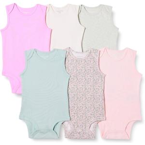 Amazon Essentials Unisex Babies' Sleeveless Cotton Rib Bodysuits, Pack of 6 (0-3 Months, Pink/Floral)