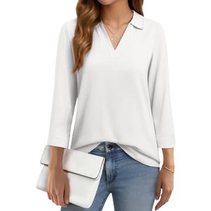 YUCOLEN 3/4 Sleeve Tunic Tops for Women V Neck Collared Shirts Chiffon Work Blouses Dressy Casual S (White)