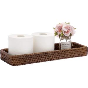 Sumnacon 16 Inch Rattan Bathroom Vanity Tray - Decorative Wicker Toilet Tank Tray for Paper Hand Towel, Vintage Storage Basket Bin for Bathroom Kitchen Toilet Tank Vanity Countertop Table Shelf, Brown