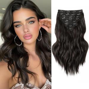 Clip in Hair Extensions, 16 Inch Natural Black Curly Hair Extensions Clip Ins, 8PCS Synthetic Hairpieces for Thinning Hair