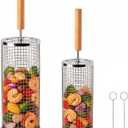 Rolling Grill Basket 2 Pack, Stainless Steel BBQ Grilling Cage | Removable Wooden Handle, Secure Locking Design for Vegetables, Seafood & Meat, Perfect for Smoker and Backyard BBQ