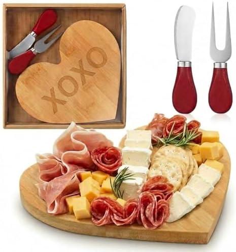 CHENGU 1 Set Heart Charcuterie Boards Bridal Baby Shower Favor Heart Cheese Board with Knife and Fork Valentine's Day Clear Gift Box for Guest Bridal Baby Shower Prize Wedding Valentines Birthday