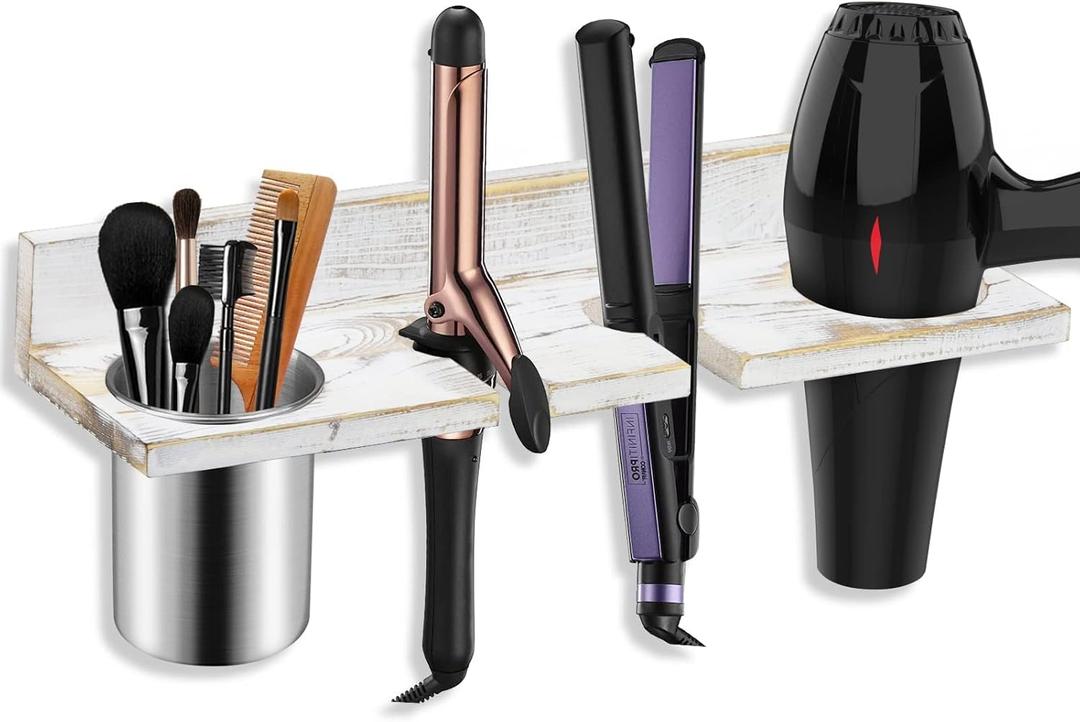 Hair Tool Organizer Wall Mounted, Sturdy Pine Wood Construction, Removable Stainless Steel Cup, Holds Hair Dryers, Straighteners, Curling Irons, Brushes, and More, White