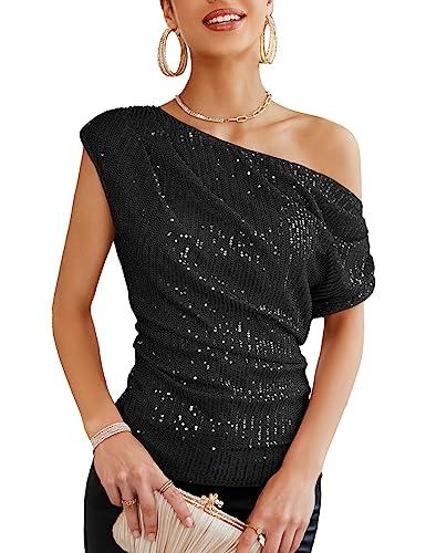 GRACE KARIN One Shoulder Sequin Sparkly Tops for Women Ruched Asymmetrical Glitter Tops Slimming Sparkle Party Shirts Black, XXL