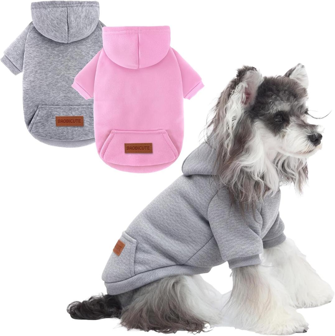 2 Pack Dog Hoodie Warm Hood Dog Sweater Cold Weather Small Dogs Sweatshirt Comfort Pet Clothes for Small Medium Dogs with Pockets (Grey+Pink, S (Back: 9.45",Chest: 14.9", 3.5-5.8lbs))