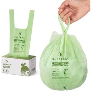 SUPERBIO 1.6 Gallon Handle Tie Compostable Food Scrap Bags For Counter Top Compost Bin, Small Compost Bags, Count of 50 , 6 Liter, BPI & OK compost INDUSTRIAL Certified