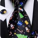 DiBanGu Christmas Ties for Men Xmas Holiday Necktie and Pocket Square Cufflinks Set Vacation Festive Necktie with Gift Box (Black/Green Christmas Tree)