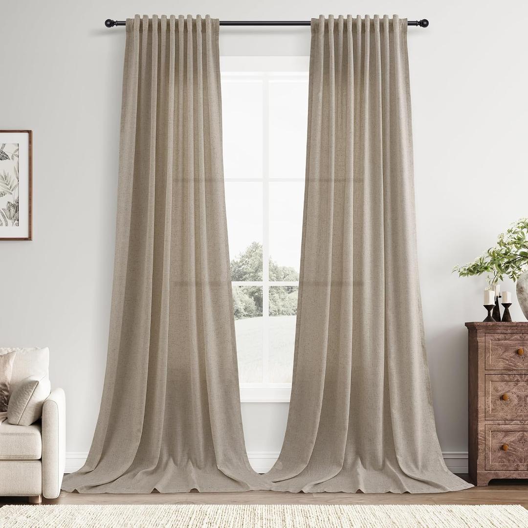 Extra Long Linen Curtains 108 Inches for Living Room Back Tab Semi Sheer High Floor to Ceiling 9ft Light Filtering Curtain Boho Farmhouse Decor Window Drapes for Bedroom 2 Panels Cobblestone, 52"W x 108"L