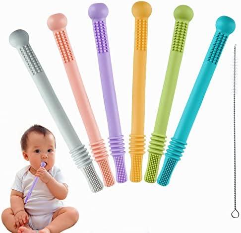 Chuya 12 Pack Hollow Teether Tube, Silicone Tubes Baby Teether Toys,Chew Straws Toy for 3-12 Months Babies Molars,Teething Relief,BPA Free/Freezable,Dishwasher Safe,Easy to Clean