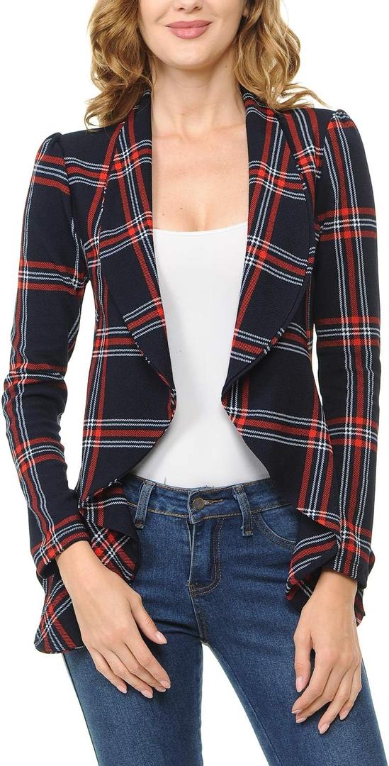 MINEFREE Women's Long Sleeve Classic Draped Open Front Lightweight Blazer Plaid Checkered Plindigored 1XL