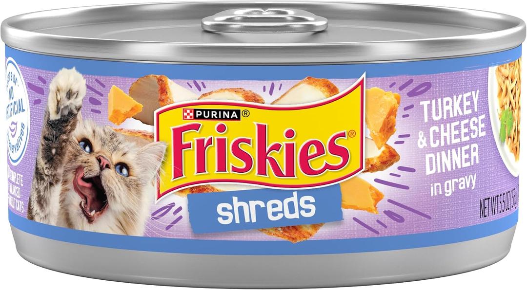 Purina Friskies Shreds Turkey and Cheese Dinner in Gravy High Protein Wet Cat Food - (Pack of 24) 5.5 oz. Cans (EXP 07/26/28)