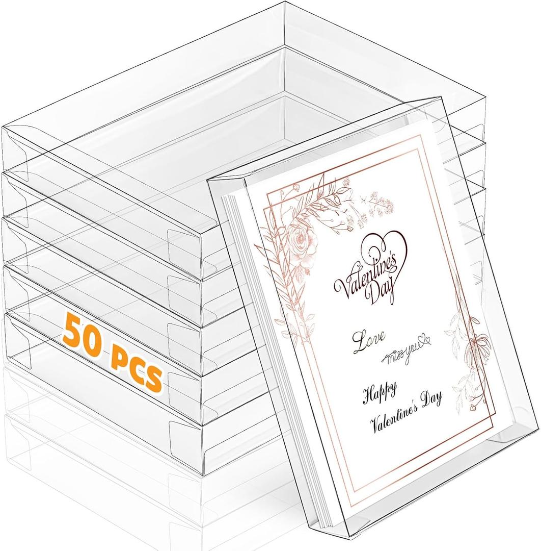 Sintuff 50 Pcs Clear Card Box Greeting Card Storage Boxes Clear Plastic picture display for Greeting Cards 5.39 x 7.36 x 1 Inches Photo Storage Box Rectangle Small Boxes for Favors